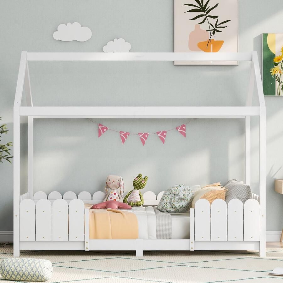 Merax Huisbed 90x200 cm-Veelzijdig Houten Kinderbed voor Jongens & Meisjes-Met Valbeveiliging en Lattenbodem-Wit (Zonder Matras)