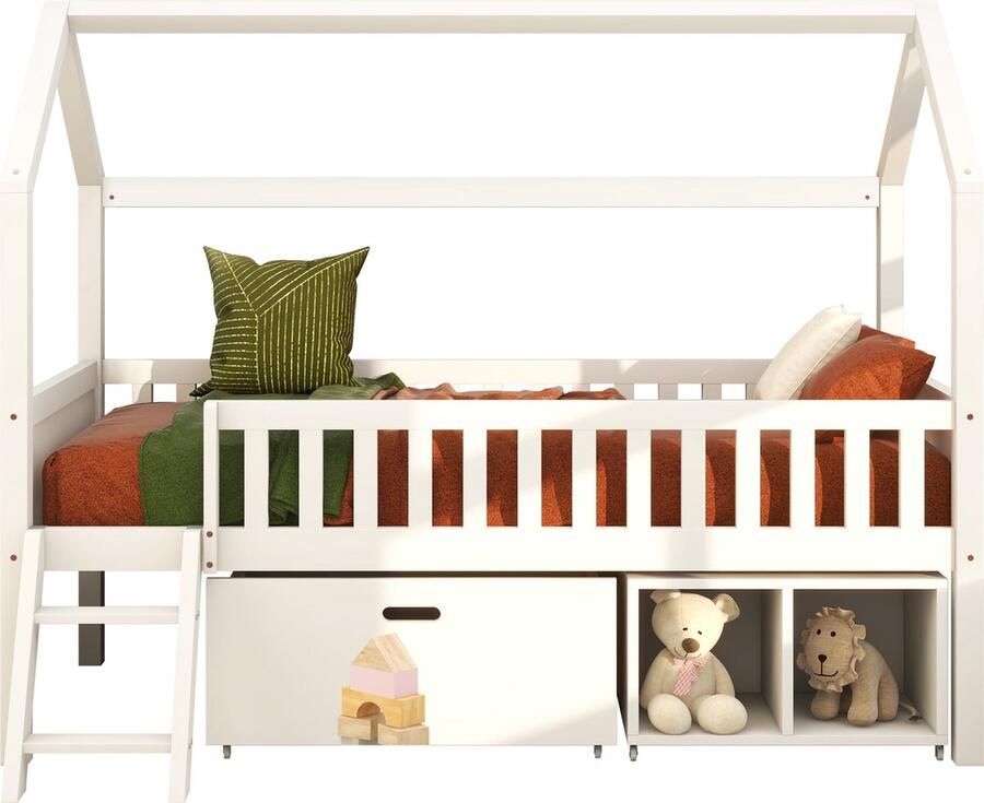 Merax Huisbed Kinderbed 90x200 cm met Lades en Opbergruimte Bed met Uitvalbeveiliging Wit