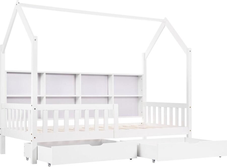Merax Hausbett Kinderbett mit Mehrzweck-Bücherregal-Speichergitter-Kabinett Ablageregal und zwei großen Schubladen mit Stauraum und Kaminform 90x200 Weiß - Foto 2