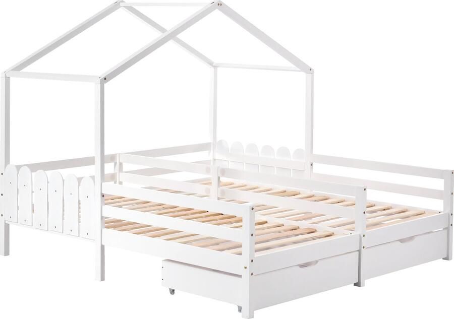 Merax Kinderbed Twee keer 90x200 cm – 2 Eenperoonsbedden in 1 Bedframe met Uitvalbeveiliging en 2 Lades – Wit - Foto 2