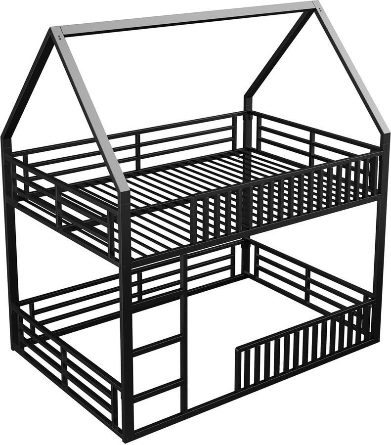 Merax Huisbed Stapelbed 140x200 cm Met Valbeveiliging LED Verlichting Kinderbed van Metaal Zwart