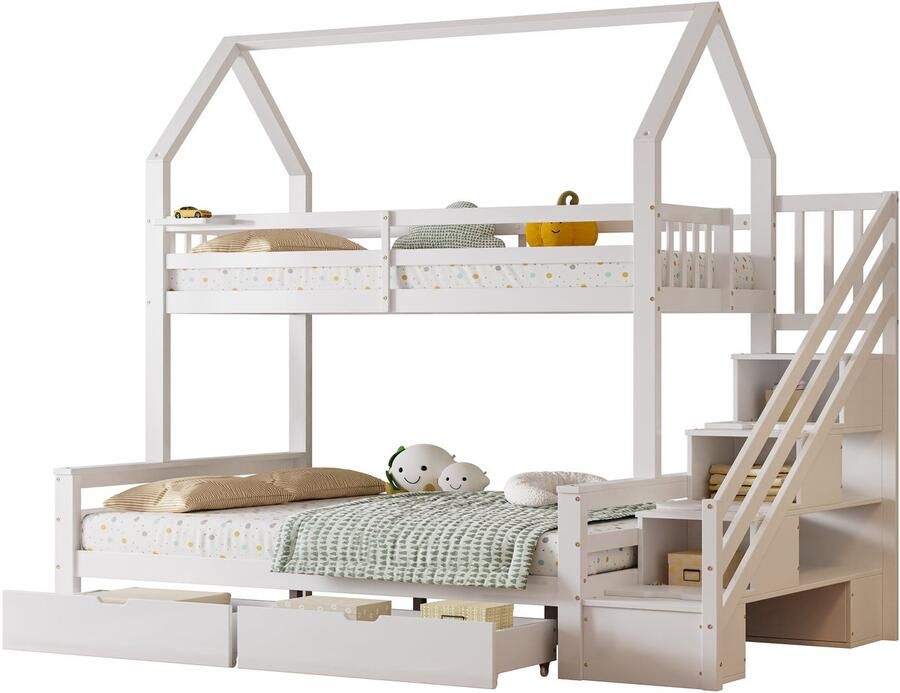 Merax Stapelbed met Trapkast – Bed in Huisvorm – Driepersoons Kinderbed – Inclusief Opberglades en Rek – Veiligheidsleuningen – Wit – 90x200 cm & 140x200 cm