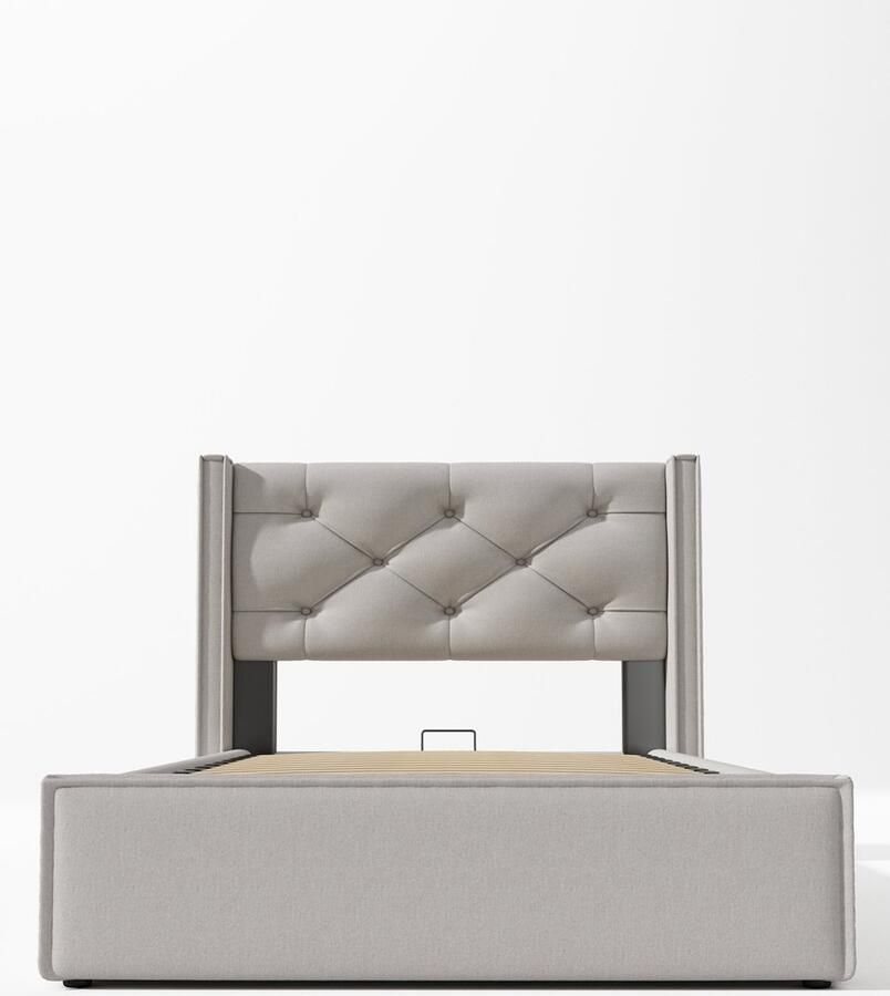 Merax Hydraulisch eenpersoonsbed 90x200 cm gestoffeerd bed met metalen lattenbodem en opbergruimte modern bedframe van katoen in lichtgrijs (incl matras)