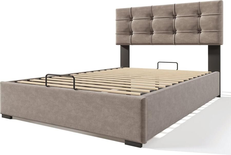 Merax Hydraulisch Eenpersoonsbed 90x200 cm Verstelbaar Hoofdbord Gestoffeerd Bed met Metalen Lattenbodem en Opbergruimte Modern Bedframe van Fluweel Lichtgrijs (Inclusief Matras) - Foto 2