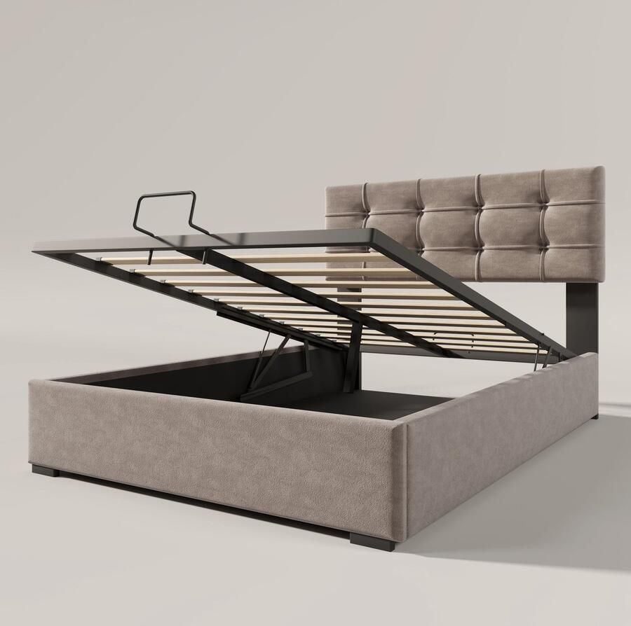 Merax Hydraulisch Eenpersoonsbed 90x200cm Fluweel Gestoffeerd Bed met Verstelbaar Hoofdeinde en Metalen Lattenbodem Modern Bedframe met Opbergruimte Lichtgrijs