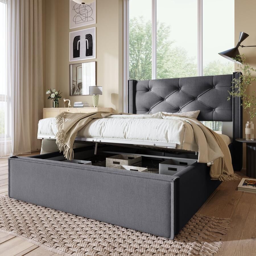 Merax Hydraulisch Enkelbed 90x200cm Opbergruimte metalen lattenbodem modern design (zonder matras)