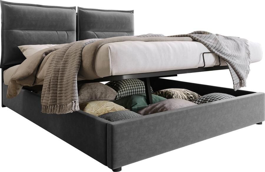 Merax Velvet Gestoffeerd Tweepersoonsbed 140x200 cm Bedframe met Verstelbaar Hoofdbord en Metalen Lattenbodem Modern Bed met Opbergruimte Grijs