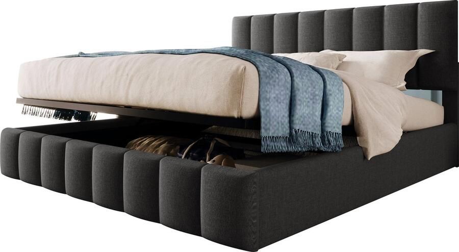 Merax Hydraulisch Tweepersoonsbed – 140x200 cm – Gestoffeerd Bed met Verstelbaar Hoofdbord Opbergruimte en Metalen Lattenbodem – Grijs (Zonder Matras)