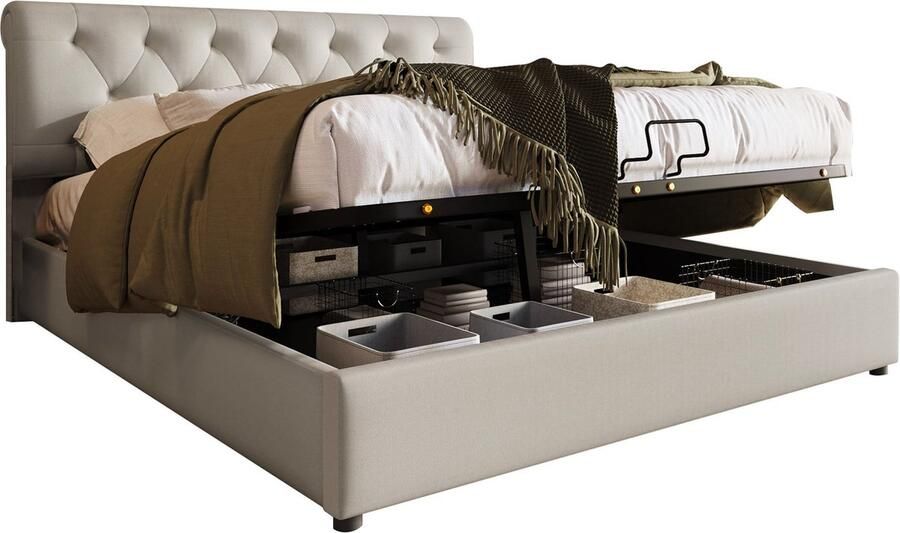 Merax Gestoffeerd Tweepersoonsbed 140x200 cm met Vestelbaar Hoofdbord en Hydraulische Hefmechanisme voor Opbergruimte Modern Bed Beige