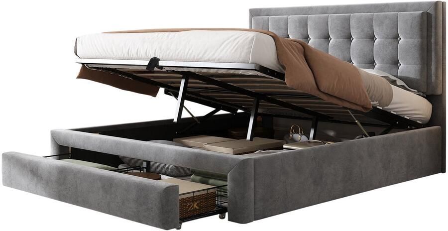 Merax 140 x 200 cm Gestoffeerd Bed met Opbergruimte en Schubladen – Houten Lattenbodem Fluwelen Stof in Grijs – Verstelbaar Hoofdboard