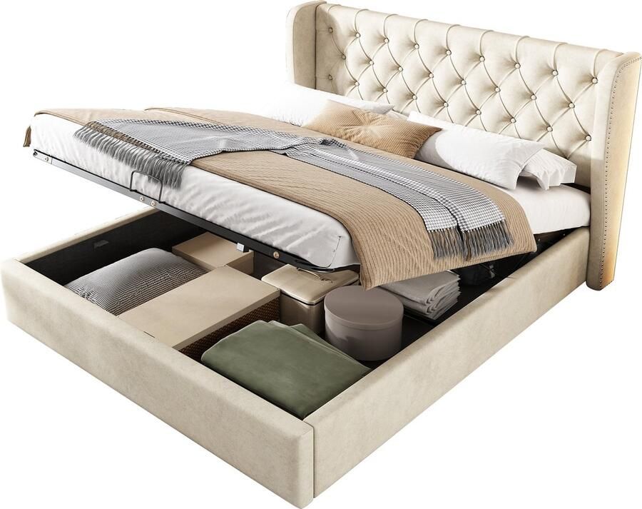 Merax Polsterbett Ohrenform Samtstoff Große Knopfnähte Doppelbett 180*200 Hydraulisches Funktionsbett mit Lattenrost und Stauraum Bettunterseite ist mit einem schmutzabweisenden schwarzen Vliesstoff beig