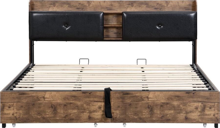 Merax Metallbett 180 x 200 cm Hydraulikbett Jugendbetten Doppelbett mit Stauraum-Kopfteil und Metall Lattenrost Ohne Matratze Für Erwachsene Kinder Jugendliche Holzfarbe+Schwarz[OLD SKU:31941789AAA] - Foto 2