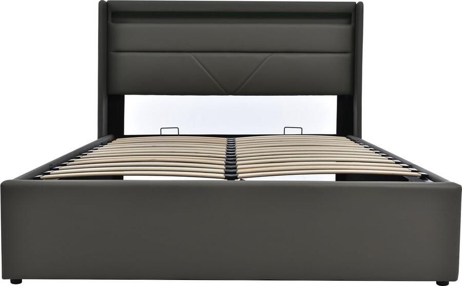 Merax Queensize Tweepersoonsbed 160x200 cm Inclusief Koudschuim Matras en LED-Verlichting Kunstleer Gestoffeerd Bed met Hydraulisch Opbergruimte Grijs