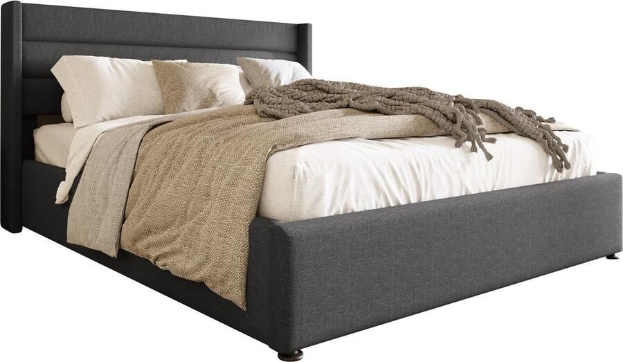 Merax Gestoffeerd Tweepersoonsbed – 180x200 cm – Grijs Linnen – Bed met Hydraulische Opbergruimte – Metalen Frame - Foto 2