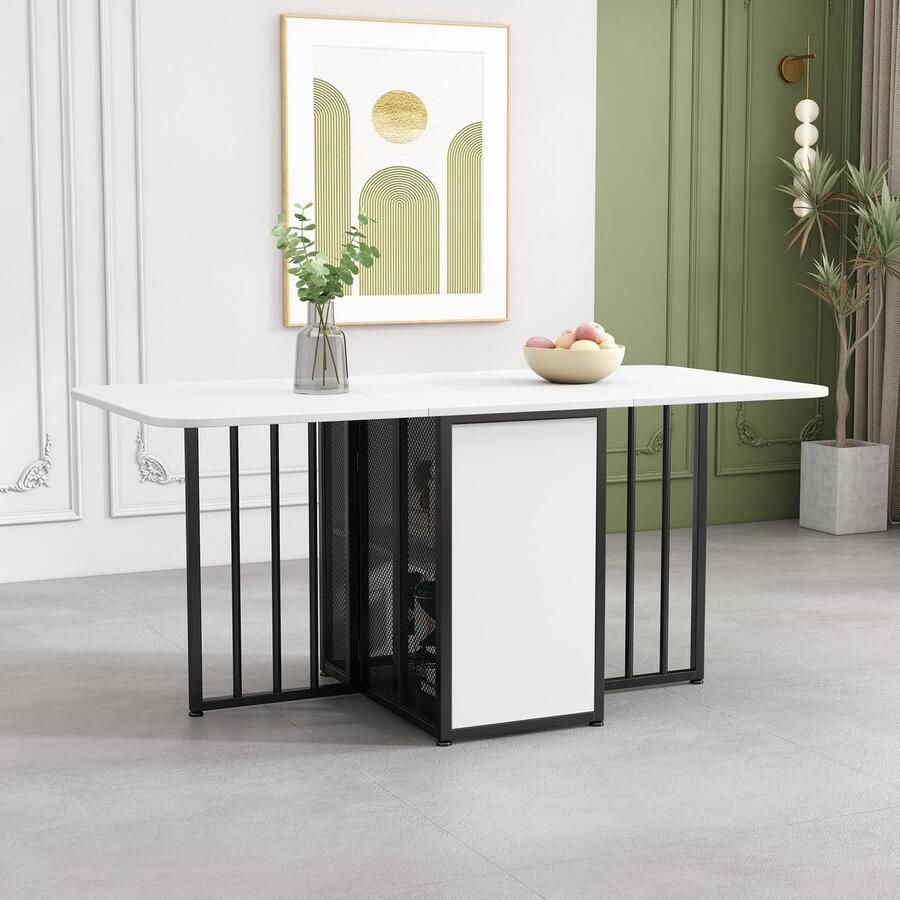 Merax Inklapbare Eettafel – Uitklapbare Tafel met Opbergruimte – 3 Vormen – Keukentafel of Bureau – Modern Design – Wit met Zwart – 160x75 cm