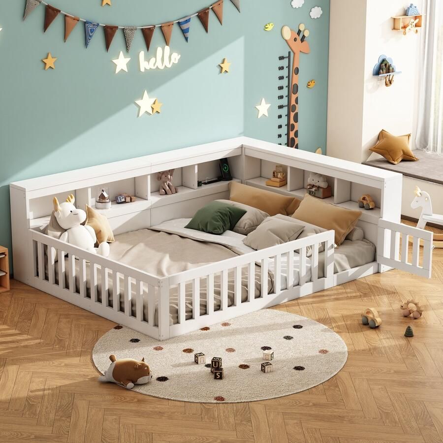 Merax Kajuitbed 140x200cm nachtkastje met opbergvak leuning met stopcontact en USB- zonder matras wit