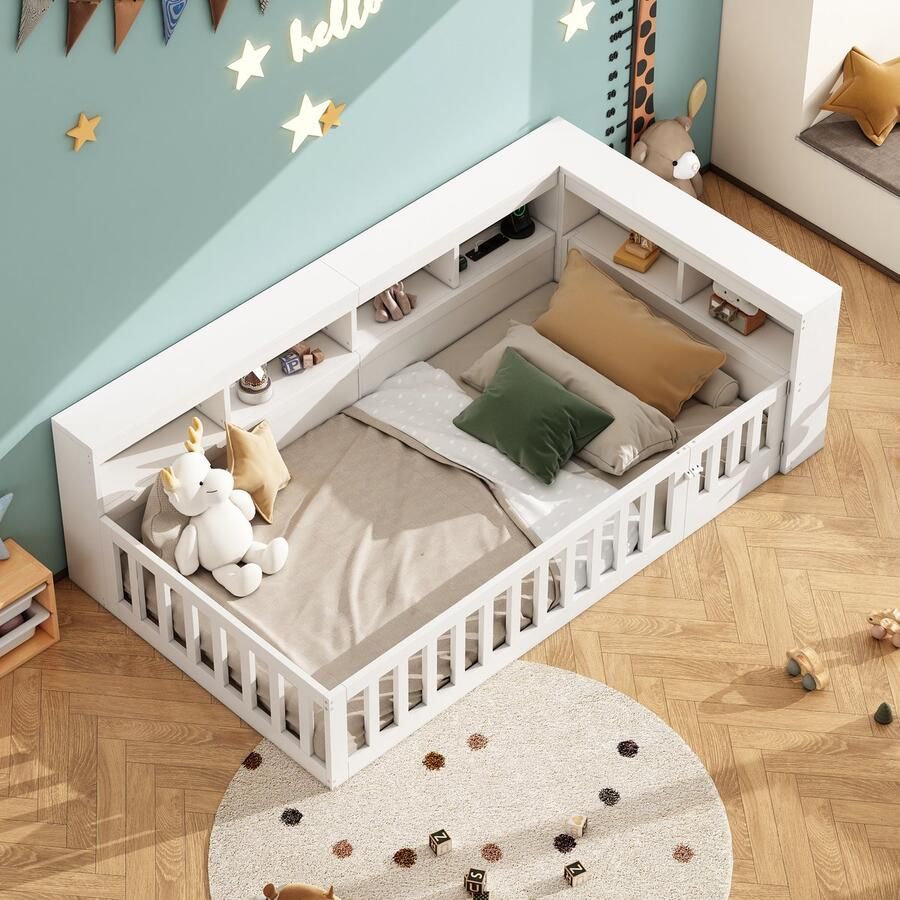 Merax Kajuitbed 90x200 cm Nachtkastje met opbergruimte leuning met stopcontact en USB wit zonder matras