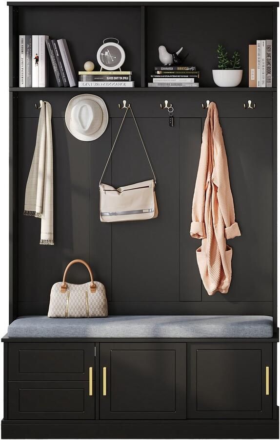 Merax Kapstok met Schoenenbank – Garderoberek met 6 Haken – Vrijstaand – Moderne Kapstok met Bankje en Schoenenrek – Voor Hal en Gang – Zwart – 120×40×191 cm