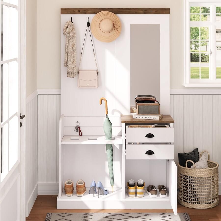 Merax Kapstok met spiegel haken lades en paraplubak wit