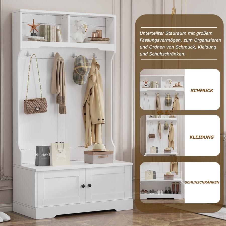 Merax Weißer Eingangsschrank mit Stauraum an der Unterseite des Sitzes mit 4 Haken zum Aufhängen und 2 Fächern an der Oberseite zur offenen Aufbewahrung Kleiderständer Garderobe Schuhschrank