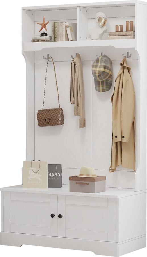 Merax Weißer Eingangsschrank mit Stauraum an der Unterseite des Sitzes mit 4 Haken zum Aufhängen und 2 Fächern an der Oberseite zur offenen Aufbewahrung Kleiderständer Garderobe Schuhschrank - Foto 2