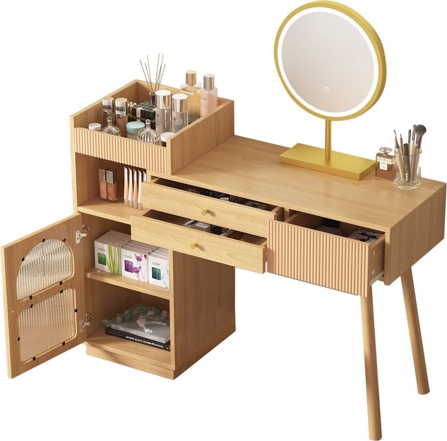 Merax Make-up Bureau Houten Kaptafel met LED-spiegel en 3-kleuren verlichting 120x40x90 cm Inclusief zijkast en 3 lades Bruin