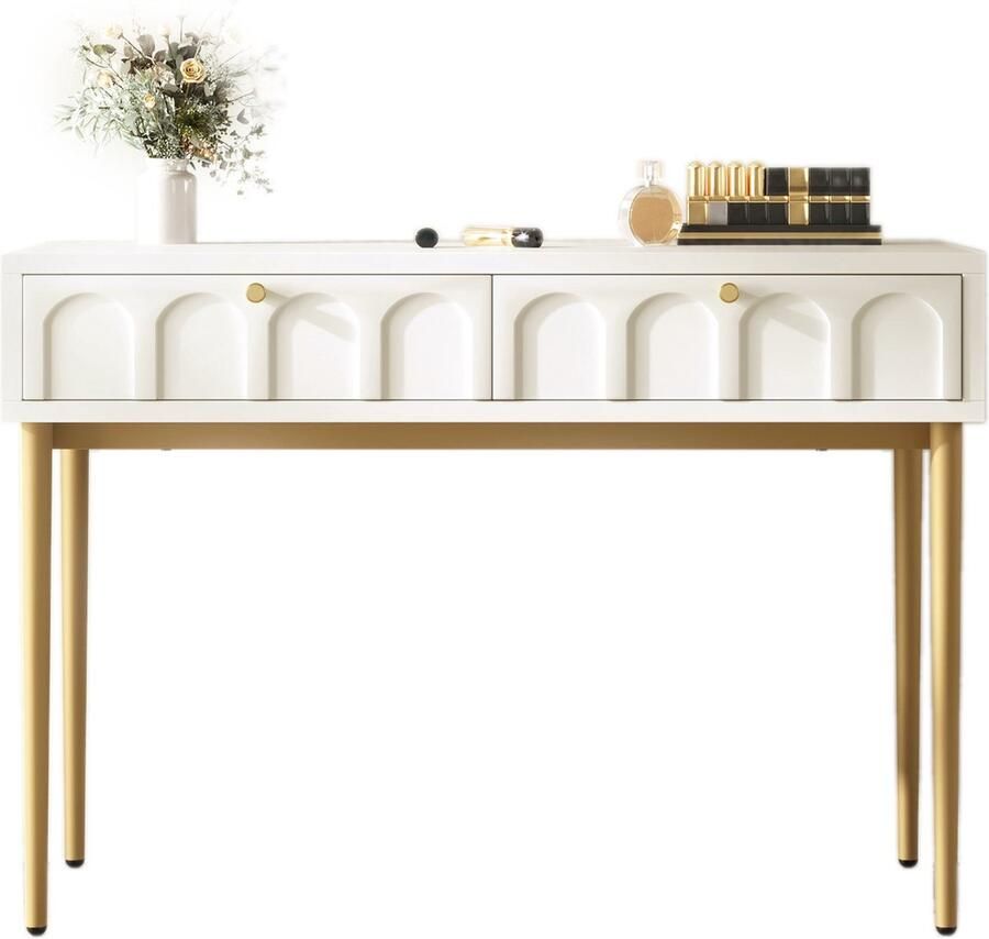 Merax Schminktisch met 2 Schubladen Creme-Wit 76.5 cm Hoogte Kommode voor Slaapkamer Highboard Sideboard met Ruime Opbergruimte