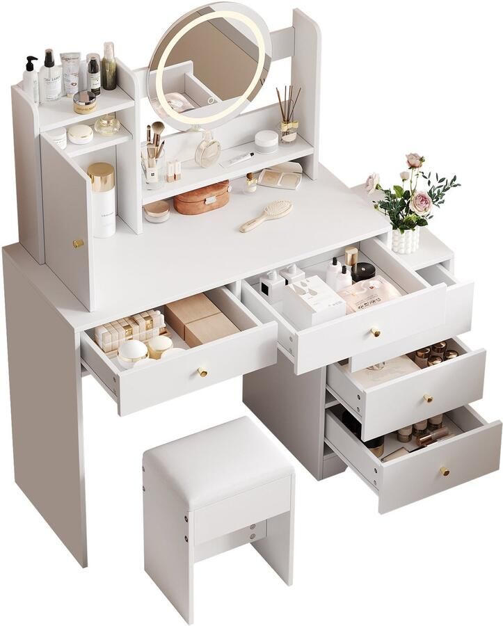 Merax Kaptafel met Dimbare LED-Verlichting Inclusief Krukje Spiegel met 3 Lichtstanden 5 Lades en Kastdeur Wit 90×40×132 cm
