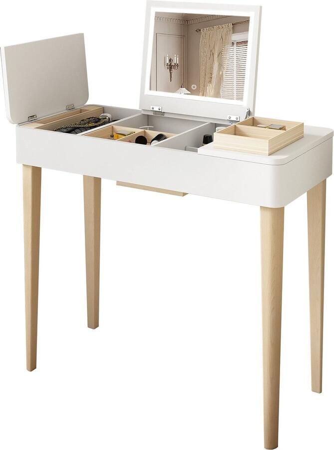 Merax Kaptafel met Spiegel en Verlichting – Make Up Bureau met Opbergruimte en Massief Houten Poten – Moderne Make-uptafel met HD Klapspiegel Wit - Foto 2