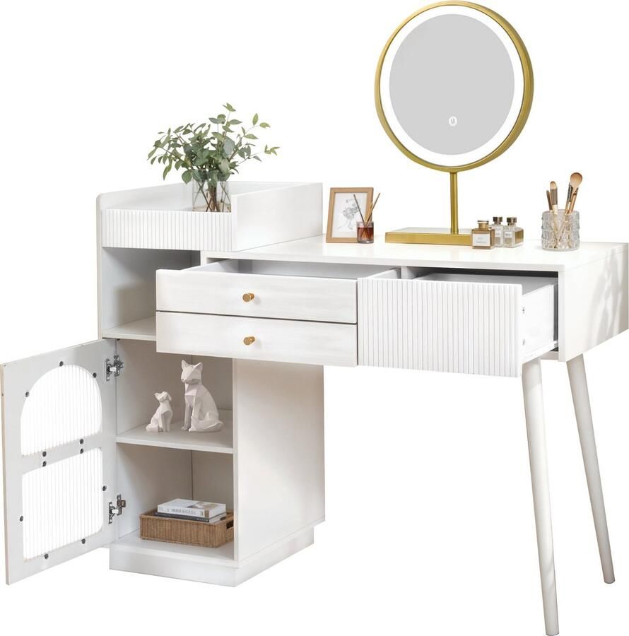 Merax Kosmetiktisch-Set mit LED-Spiegel und 3-Farben-Beleuchtung Schminktisch aus Holz mit 3 Schubladen und Seitenschrank ausziehbares Design Maße: B120 H90 T40 cm (ohne Hocker)