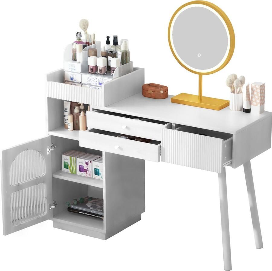 Merax Kosmetiktisch-Set mit LED-Spiegel und 3-Farben-Beleuchtung Schminktisch aus Holz mit 3 Schubladen und Seitenschrank ausziehbares Design Maße: B120 H90 T40 cm (ohne Hocker) - Foto 2