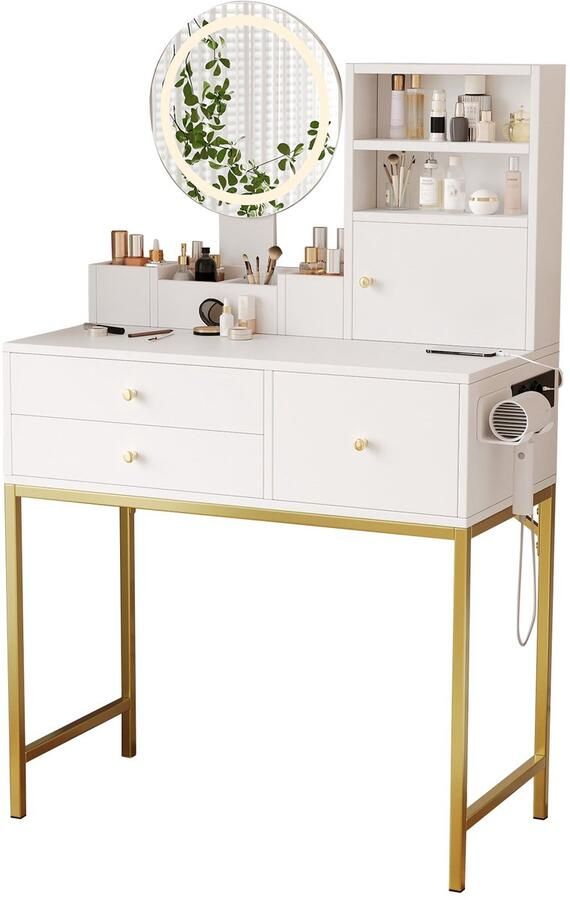 Merax Kaptafel met LED-Verlichting Inclusief Spiegel 3 Lades en Kastje Ingebouwde Stopcontacten met USB & Type-C Wit & Goud 80×40×134 cm