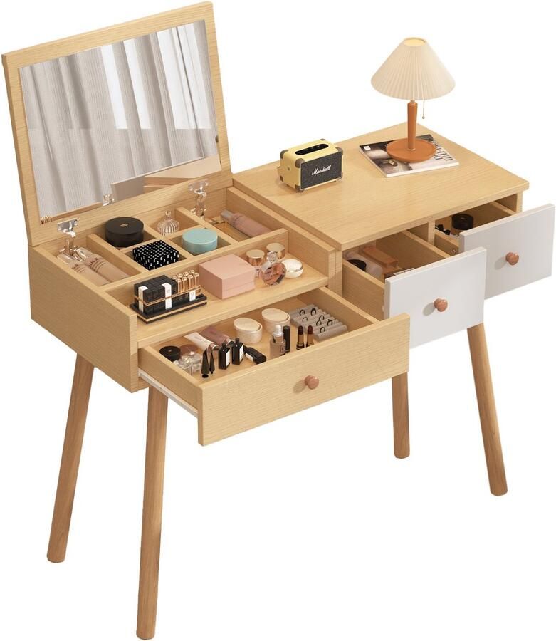 Merax Kaptafel met Spiegel en Lades – Houten Make-up Tafel met Opbergruimte – 100x40x78 cm – Naturel Hout Bruin met Wit
