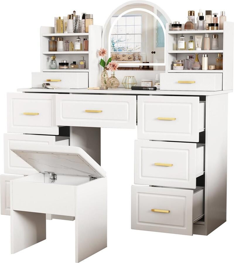 Merax Kaptafel Met Spiegel En LED Verlichting – Make Uptafel Met 9 Lades En Opbergruimte – Witte Schminktafel Met Touch Bedienbare Spiegel 120x40x135 cm