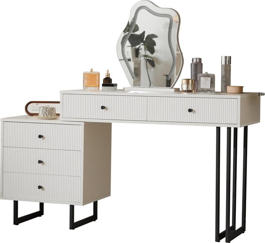 Merax Kaptafel met Spiegel en Verlichting – Witte Make-uptafel met Uitschuifbaar Tafelblad 3-kleuren LED-verlichting en Opbergruimte – Afmetingen: 100x40x76 cm (zonder kruk)