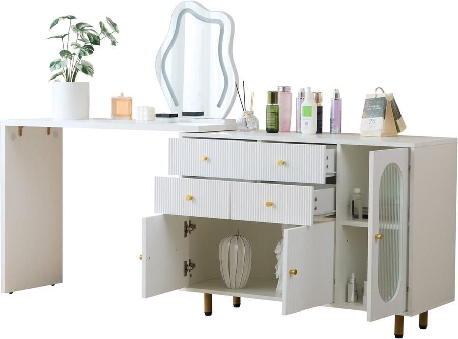 Merax Kaptafel met Spiegel en Verlichting – Witte Make-uptafel met Uitschuifbaar Tafelblad Links Rechts Verwisselbaar 3-Kleuren LED-Verlichting en Opbergruimte – Afmetingen: 100x40x74 5 cm (zonder kruk)