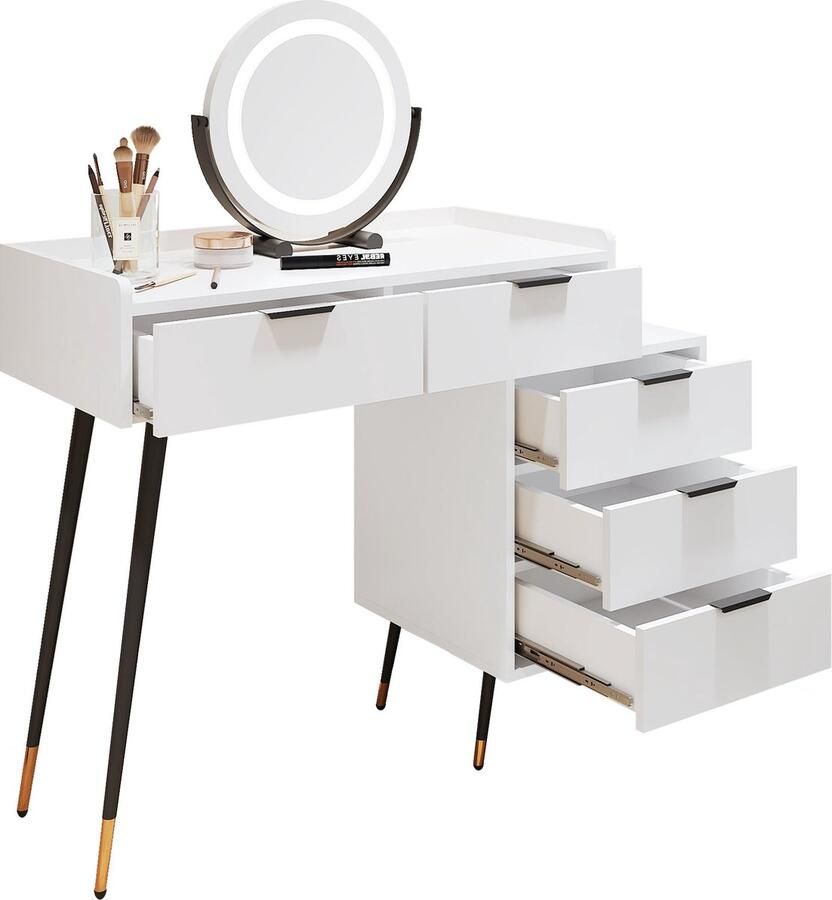 Merax Weißer Schminktisch(Ohne Stühle) Enthält ausziehbare Seitenschränke mit Spiegel einstellbare Helligkeit mit 5 Schubladen Großer Frisierkommode Schlafzimmermöbel Vanity Weiß - Foto 2