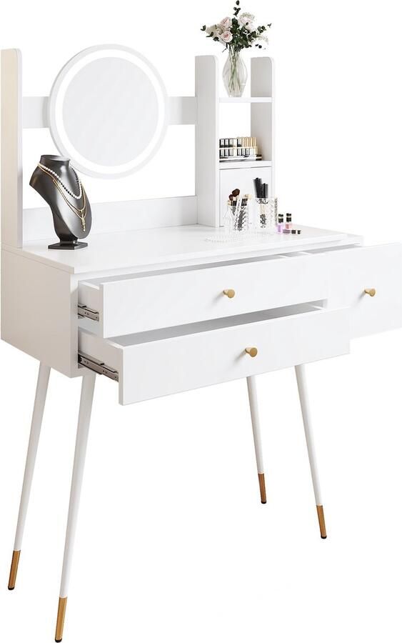 Merax Kaptafel Met Spiegel – Witte Make-uptafel Met Verstelbare LED-Verlichting 3 Lades en Luxueuze Vergulde Details – 80x40x130 cm (zonder stoel)