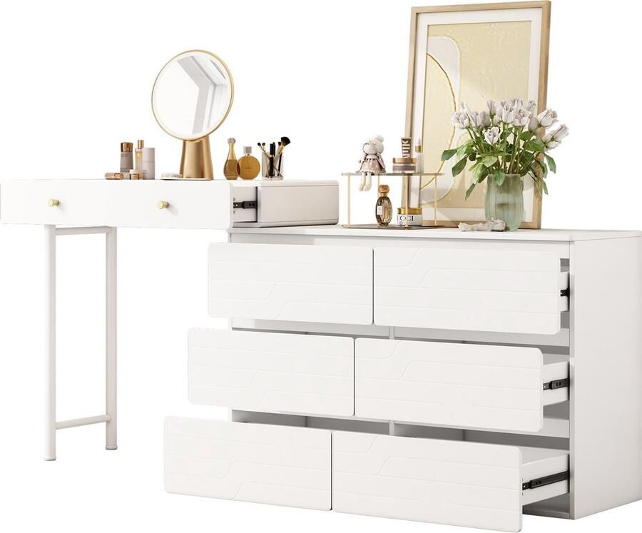 Merax Kaptafel Met uitschuifbare zijpanelen 3 niveaus en 6 lades 180x40x85 cm Wit MDF