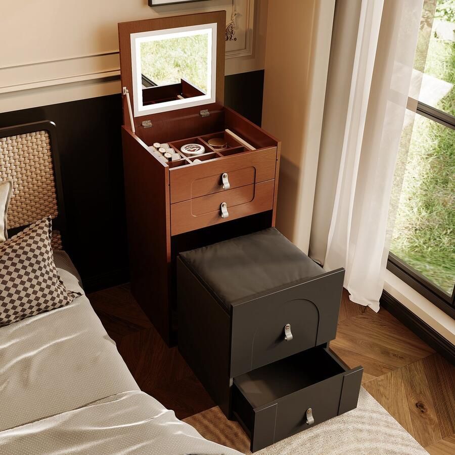 Merax Schminktisch(Enthält Make-up-Hocker) Multifunktionaler Aufbewahrungshocker Nachttisch mit Spiegel und LED-Beleuchtung mit 3 Schubladen schwarz+braun