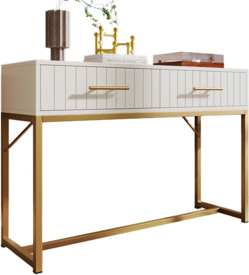 Merax Schminktisch met 2 Schubladen 75 cm Hoog Witte Kommode voor Slaapkamer Highboard Sideboard Schubladenkommode H75 B100 T45 cm