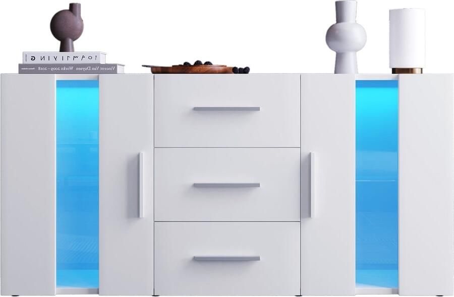 Merax Kast met 16 Kleuren LED Verlichting Moderne Dressoir met Lades en Deuren Sideboard TV-meubel Wit