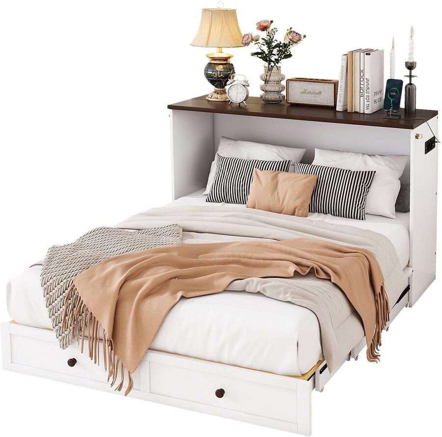 Merax Kastbed 140x200 – Wit Opklapbed met Opberglades en USB Aansluiting Wandbed met Stopcontact Bruin Hoofdbordplank en Verplaatsbaar Ontwerp – Zonder Matras