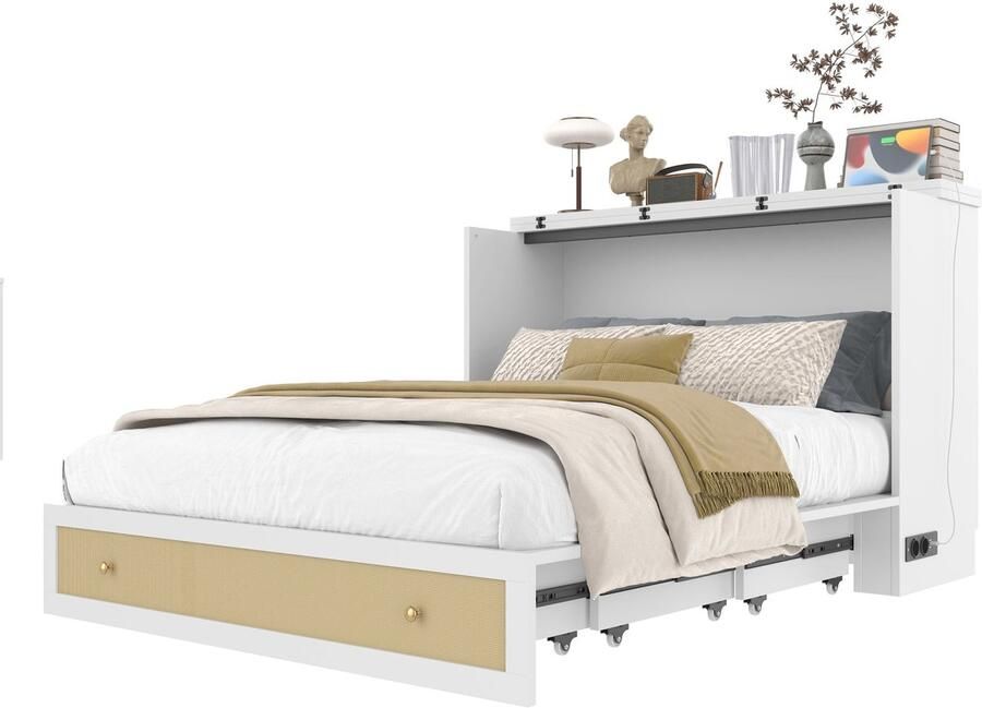 Merax Schrankbed 140x200 – Mobiel Opklapbed met Schubladen en Hoofdbord-Regal – Bed met USB en Stopcontact – Platformbed Zonder Matras – Wit MDF