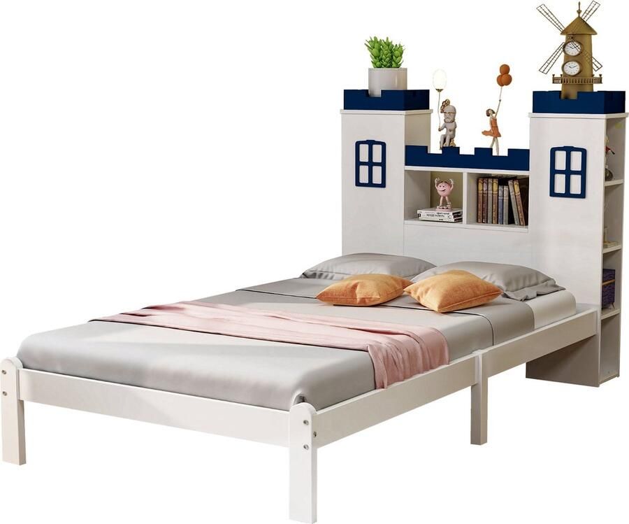 Merax Kasteelvorm Eenpersoonsbed 90x200 cm in Kastelen Vorm Massief Houten Kinderbed met Opbergruimte Wit