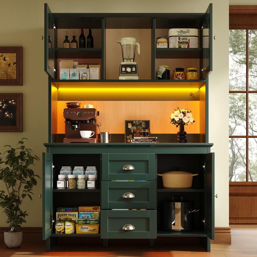 Merax Keuken cabinet 120 x 40 x 179 cm zijkast hoge kast met bruine glazen deuren en LED-verlichting groen