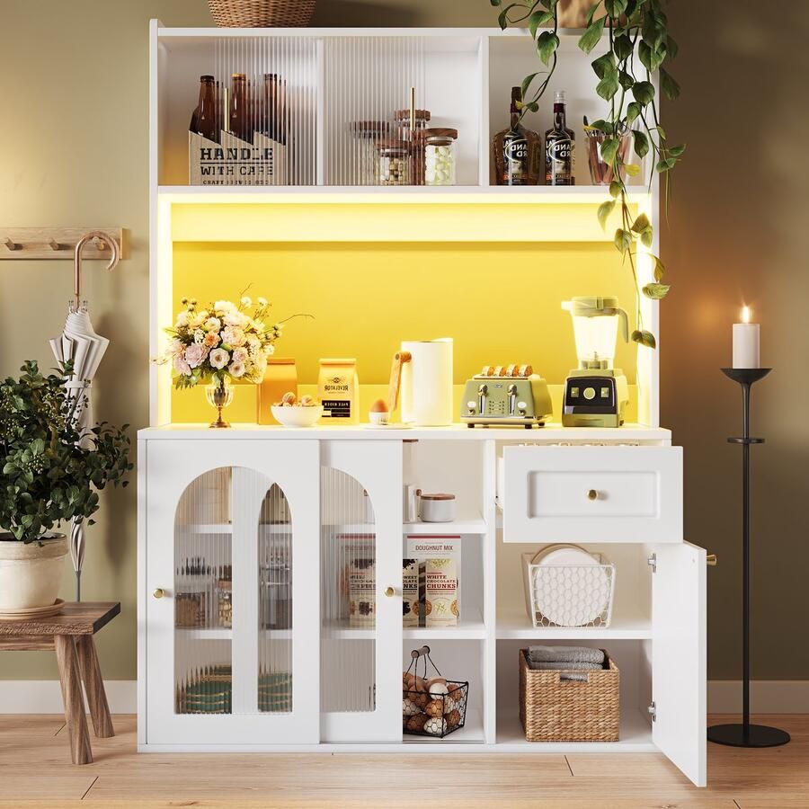 Merax Keuken kasten vitrinekasten eetkamers kasten met verstelbare planken sideboards met LED-verlichting wit