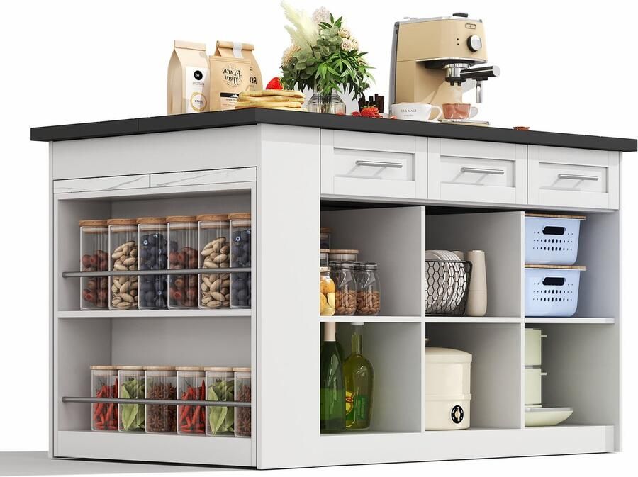 Merax Keukeneiland 150 cm Kookeiland met Uittrekbare Eettafel Keukenblok met Marmer Look Werkblad Opbergruimte Wit