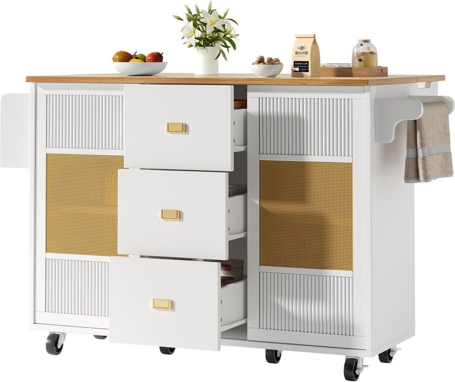Merax Keukeneiland Buffetkast en Keukenmeubel met Opbergruimte Uitklapbaar Tafelblad Met Wieltjes Handdoekhouder en Kruidenrek 147x70x90 cm Wit