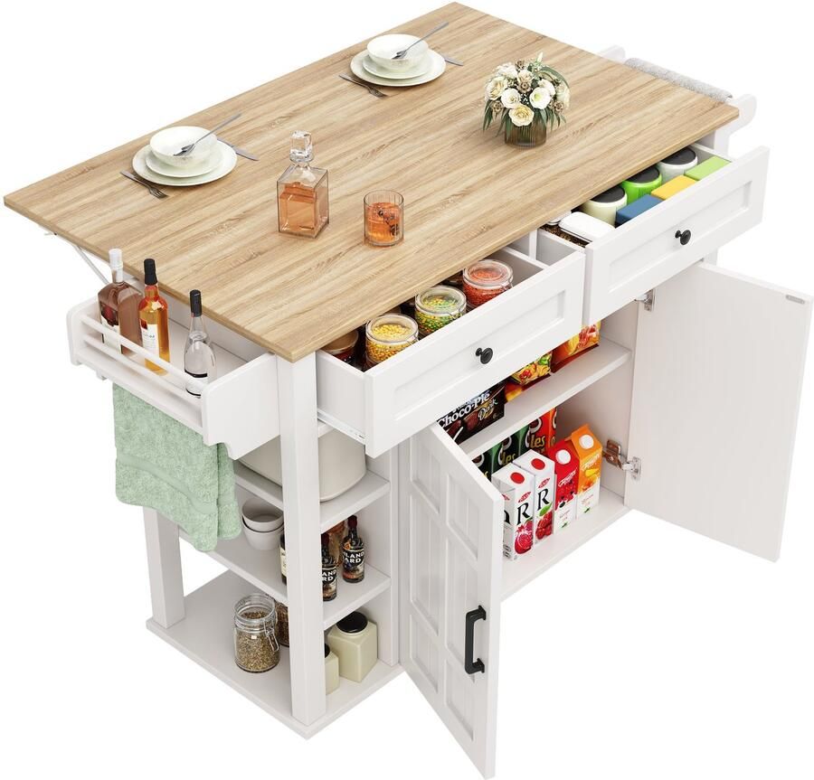 Merax Keukeneiland – Keukentrolley – Serveerwagen met Werkblad – Opbergkast – Lades – Trennwanden – Handdoekhouders – Met Wielen – Wit – MDF